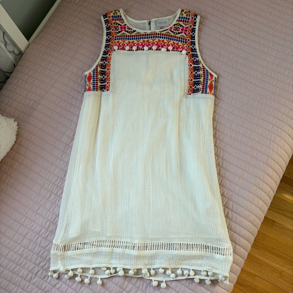 Saylor White Shift Dress with Colorful Embroidered Yoke and Poms